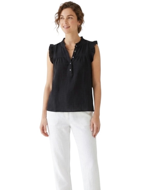 J. Crew Tops - J.Crew Double Gauze Ruffle Collar Sleeveless Top Sz M Black Coquette Romantic